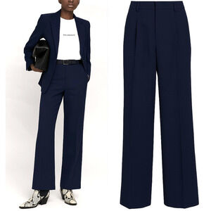 NEW! Nili Lotan 8 Dayton Linen & Silk $675 Wide Leg High Waist Pants Navy Blue